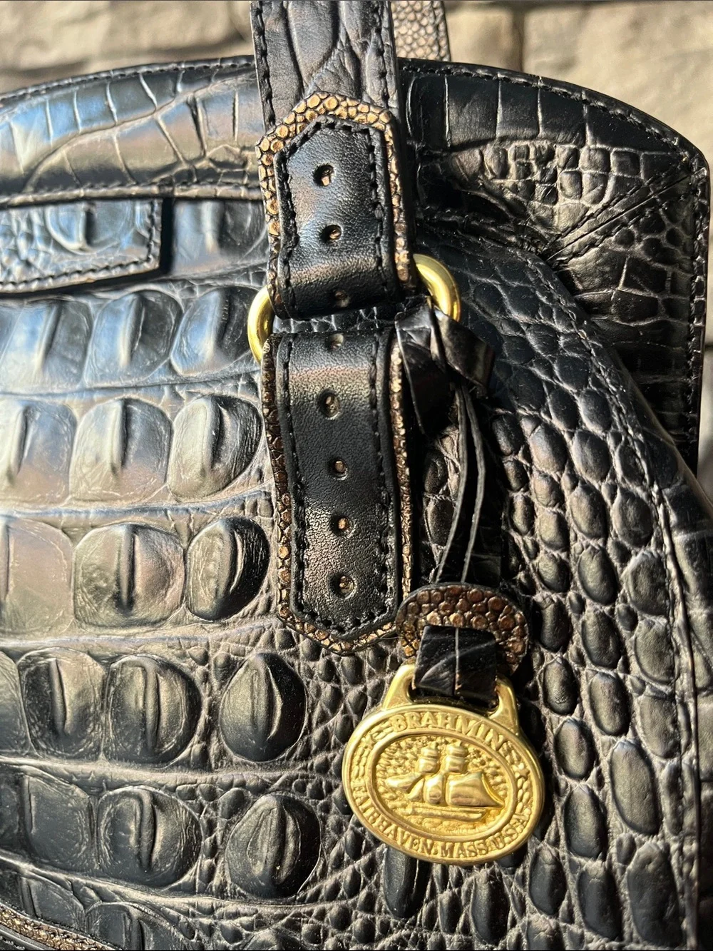 Vintage Brahmin Black Croc-Embossed Shoulder Tote, New condition